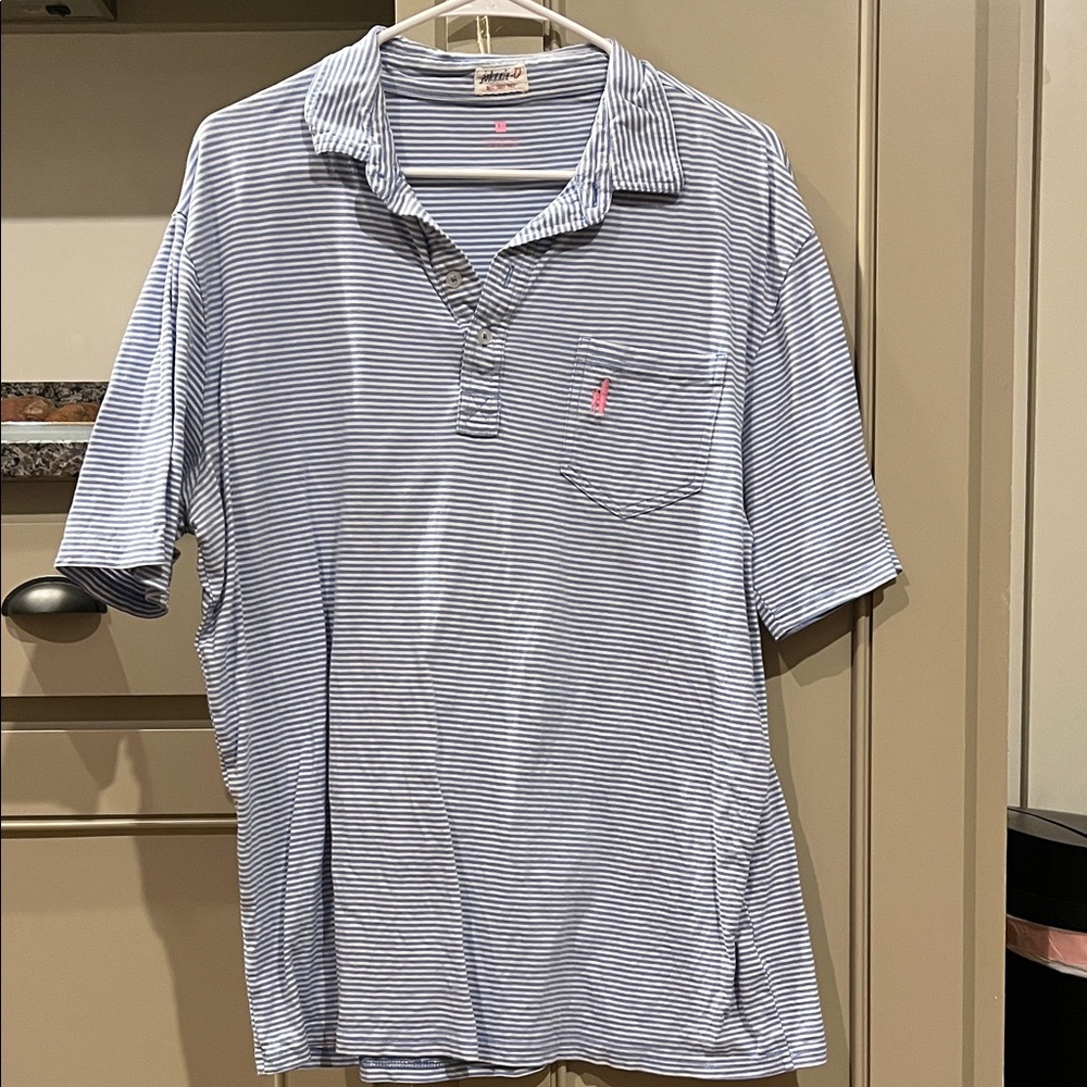 johnnie-O Men's Blue and White Striped Polo Shirt